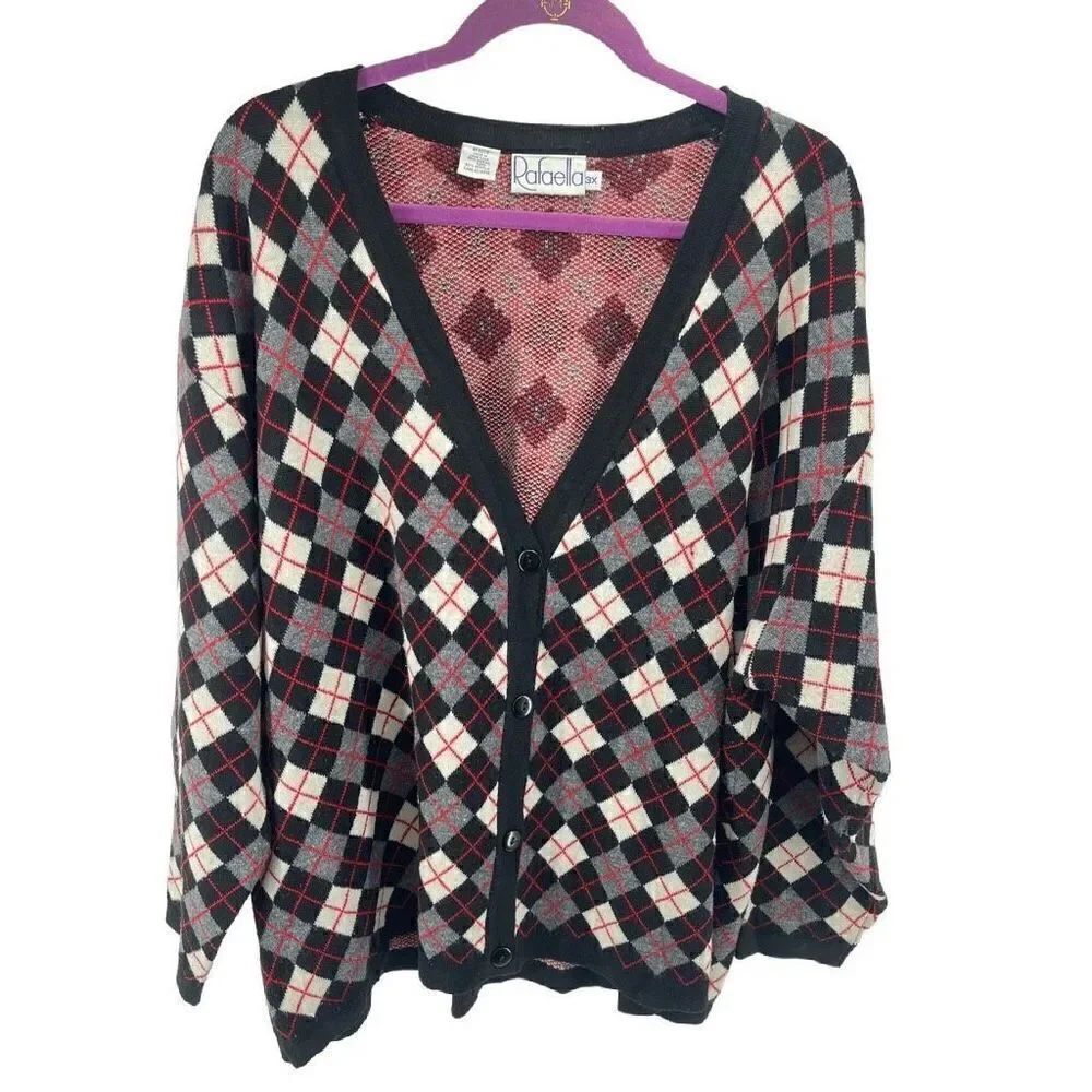 Rafaella Womens Cardigan Sweater Check Button Merino Wool Acrylic Black Red 3X